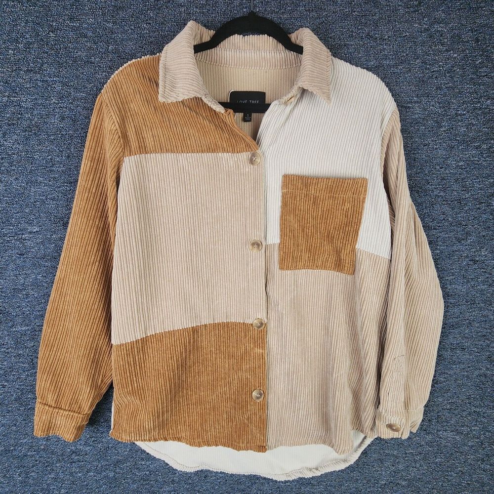 Love Tree Corduroy Shacket Brown Tan‎ Colorblock Collared Button Up